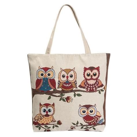 HY04302 Grand Sac Cabas Tote Bag 5 Hibou Chouette Imprimé en Toile