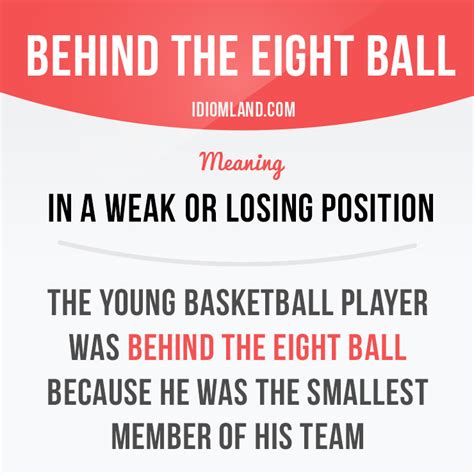 Idiom Land — “Behind the eight ball” means “in a weak or losing...