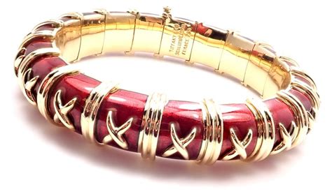 Tiffany And Co Schlumberger Croissillon Red Enamel Yellow Gold Bangle