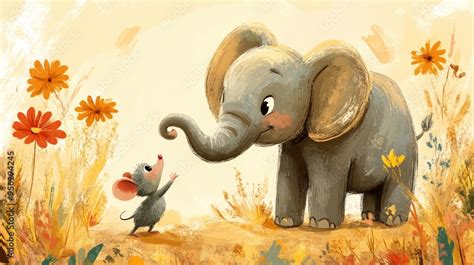 2D cartoon illustration featuring an elephant and a mouse in a playful