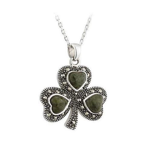 Sterling Silver Connemara Marble And Marcasite Shamrock Pendant