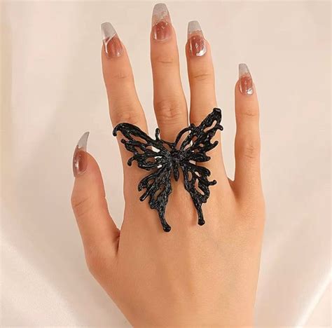 Black Metal Exaggerated Big Oversized Statement Butterfly Ring Punk