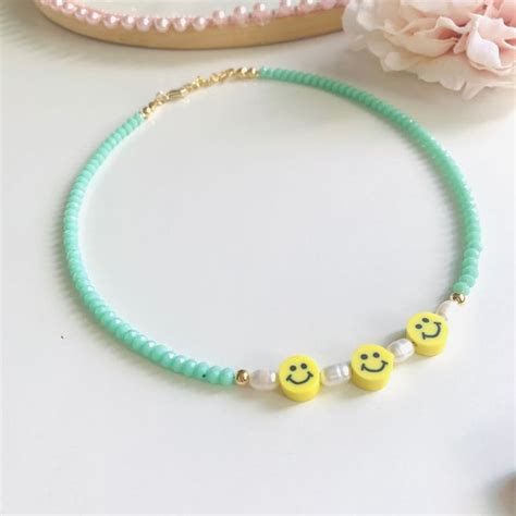 Smiley Face Necklace Happy Face Pearl Choker Rainbow Beaded Etsy Pop