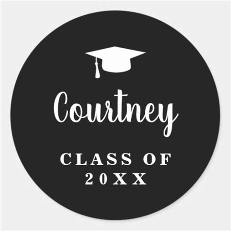 Elegant Black Script Name Graduation Cap Classic Round Sticker Zazzle