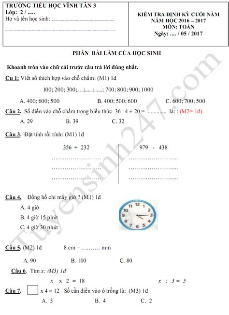 Đề thi học kì 2 lớp 2 môn Toán TH Vĩnh Tân 3