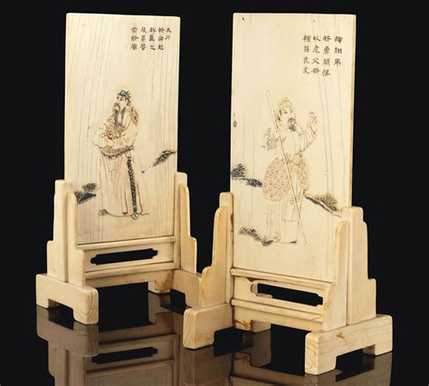 A Pair Of Chinese Stained Ivory Plaques Mounted As Table Screens 19th