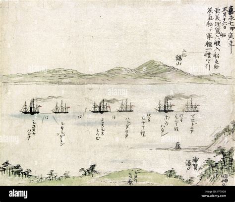 Japon Matthew Perry 1854 NAmerican navires ancrés dans le port d