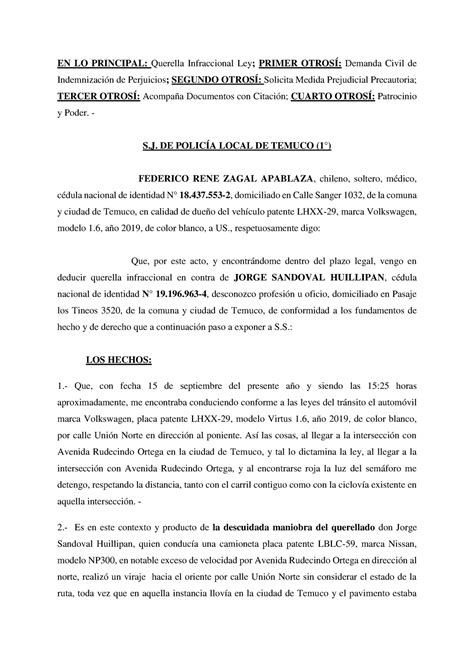 Querella Infraccional Y Demanda Civil En Lo Principal Querella