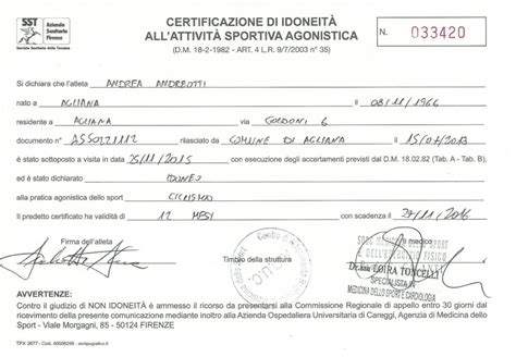 Certificato di idoneità sportiva all attività agonistica L ANGOLO DEL