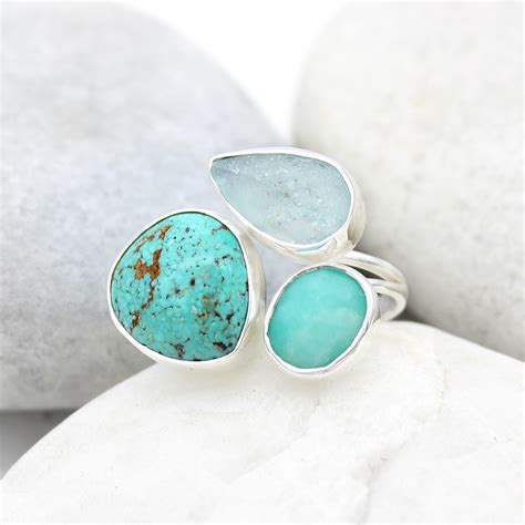 Aquamarine Amazonite And Turquoise Gemstone Adjustable Sterling Silver