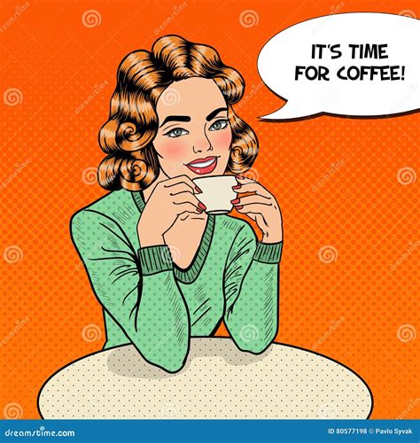 Pop Art Young Beautiful Woman Drinking Coffee In Cafe Stock Vector