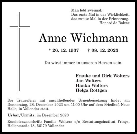 Traueranzeigen Von Anne Wichmann Rz Trauer De