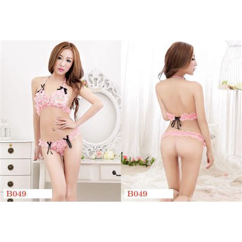 Jual B049 Bikini Bra Set Halterneck Pink Open Cup Crotchless