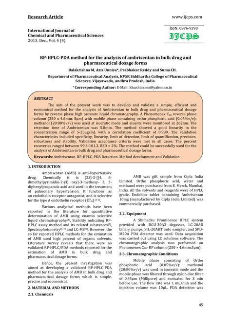 (PDF) RP-HPLC-PDA method for the analysis of ambrisentan in bulk drug ...