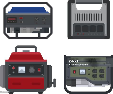발전기 벡터 발전 휴대용 가솔린 연료 에너지 산업 전기 엔진 장비 그림 세트 의 디젤 산업 흰색 배경에 고립 0명에 대한 스톡