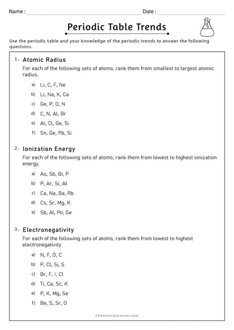 Free Printable Periodic Trends Worksheets