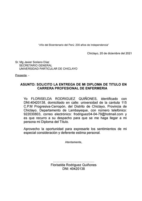 Solicitud para la entrega del Diploma Titulo Año del Bicentenario