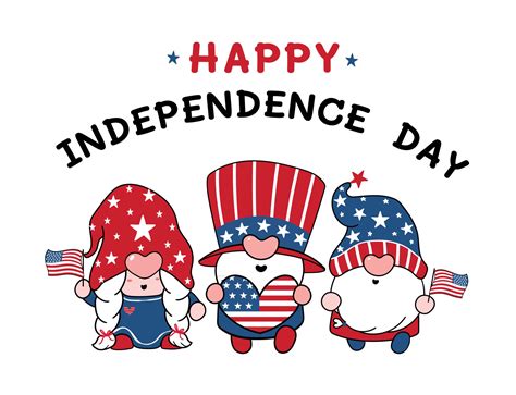 Cute Three America Gnomes 4th July Summer Theme Cartoon Doodle Vector