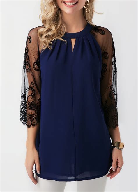 Mesh Panel Keyhole Neckline Navy Blouse Rosewe Usd