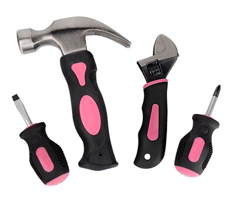 4pc Pink Home Basic DIY Hand Tool Kit Set including Adjustable Wrench and Stubby Non-slip Grip ...