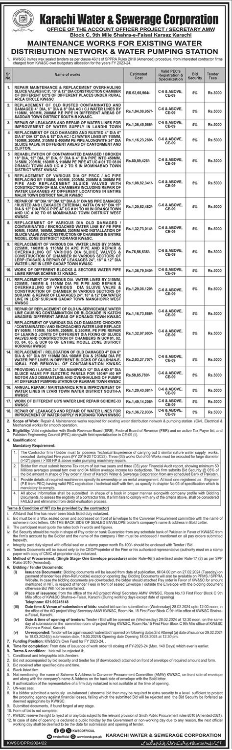 Karachi Water Sewerage Corporation Tender Notice For Maintenance