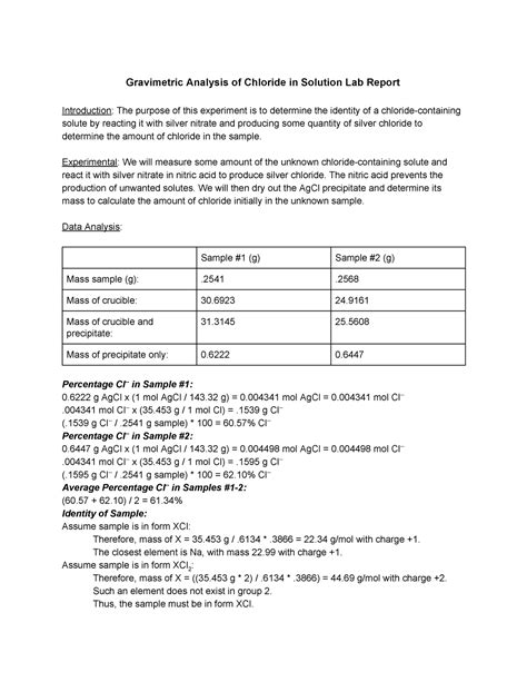 Gravimetric Analysis Of Chloride In Solution Lab Experimental We