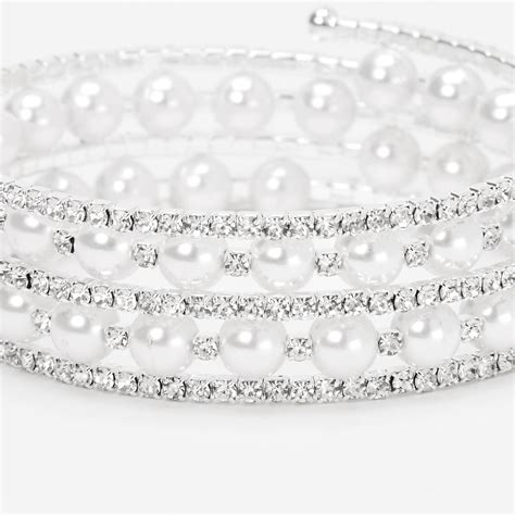 Rhinestone And White Pearl Coil Bracelet Icing Us