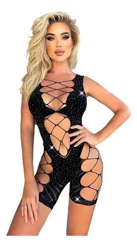 Macacão Strass Lingerie Vazado Arrastão Sexy Luxo Sensual