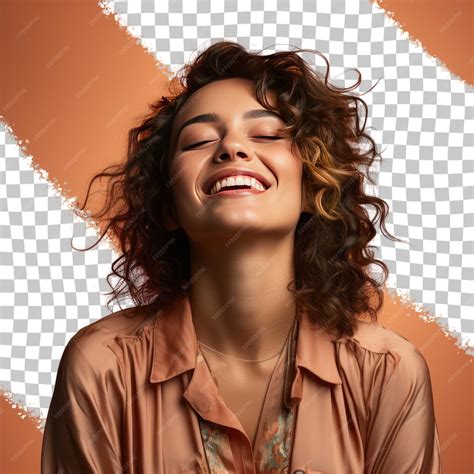 Premium Psd Hispanic Woman In Wildlife Attire Serene Smile Curly Hair Eyes Closed Pastel Coral