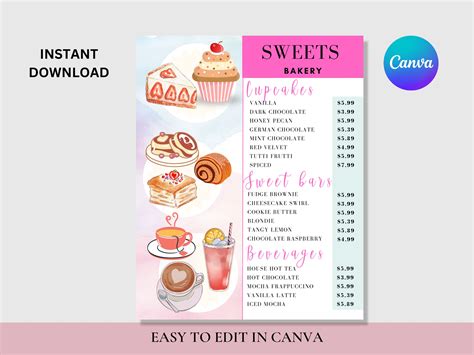 Bakery Menu Template, Dessert Menu Template, Sweet Treats Pricelist Sheet, Cupcake Fudge Brownie ...