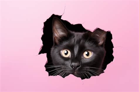 Premium AI Image | Black cat peeking out of a hole in a pink paper ...