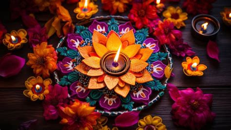 Diwali Decorations With Vibrant Floral Rangoli Stock Illustration