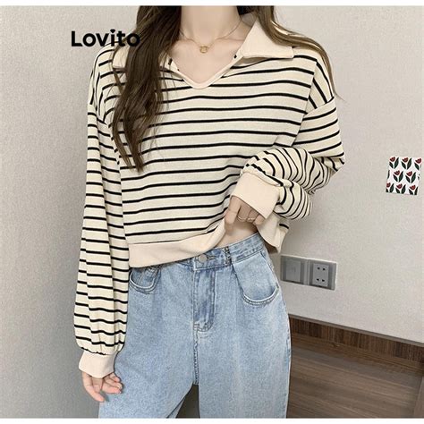 Lovito Women Casual Striped Collar Sweatshirt LNE39202 Coffee Black