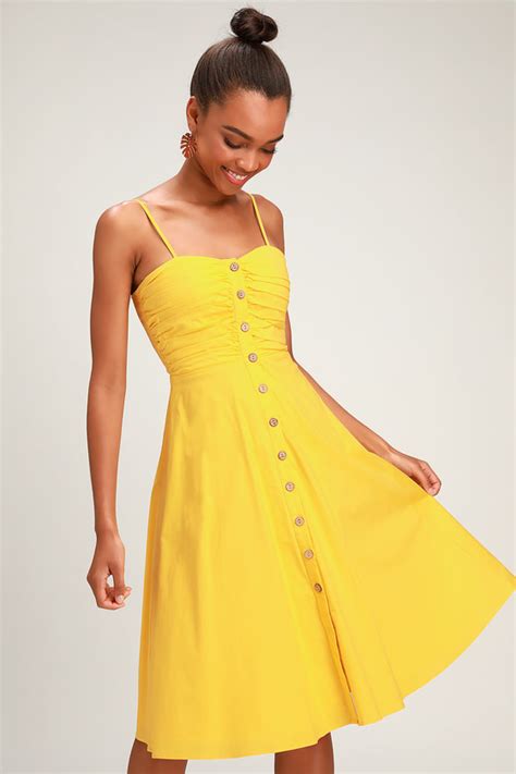 Cute Golden Yellow Dress Midi Dress Button Up Midi Dress Lulus