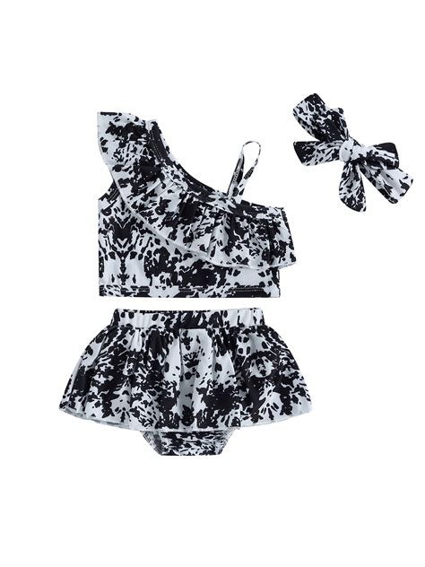 Mubineo 2pcs Baby Girls Swimsuit One Shoulder Ruffle Swim Top Bottom Bikini Set Infant Bathing