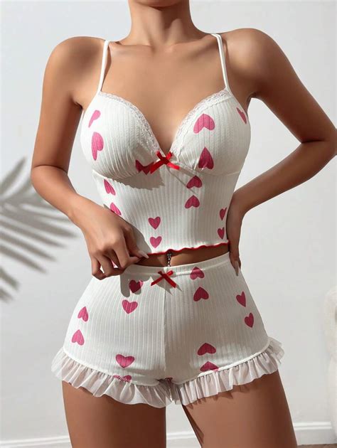 Heart Print Lace Trim Bow Front Pj Set Shein Usa