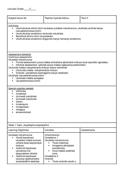 Grade Unit Plan Repaired Unit Plan Grade Subject Isizulu Fal