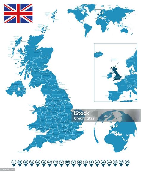 イギリス 都市地域世界地図と地球上の位置と詳細な青い国の地図インフォグラフィックアイコン イングランドのベクターアート素材や画像を多数ご