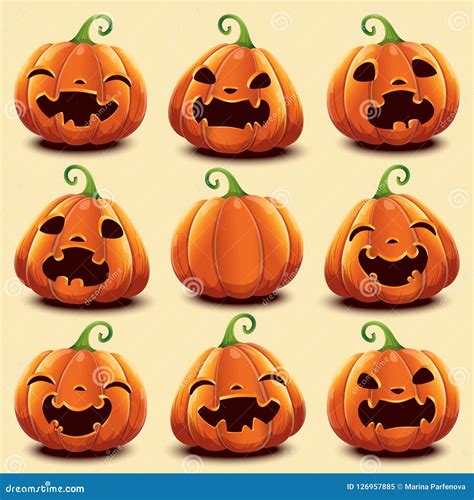 Set Of 9 Cute Realistic Pumpkins With Different Faces For Halloween