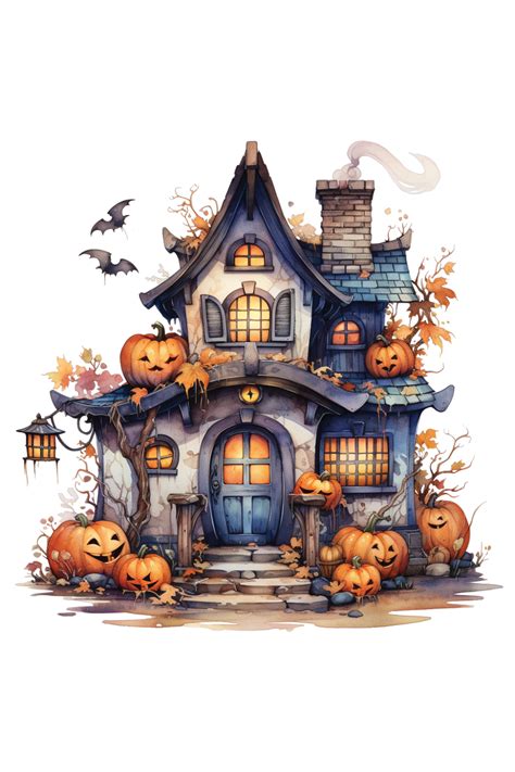 Happy Halloween Cottages Watercolor Scary Skeleton Witch House Cute