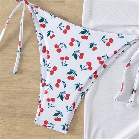 Women Cherry Swim Dress Sexy Cherry Print Swimsuit Cherry Swimwear Cherry Bikini Three Pieces