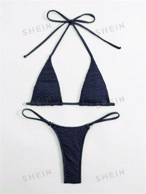 SHEIN Swim SXY Women S Textured Halter Bikini Set Two Piece Bikini Set Thong Bikini Set