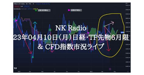 23年04月10日（月）日経・tp先物6月限 ＆ Cfd指数市況ライブ｜nk Radio｜note