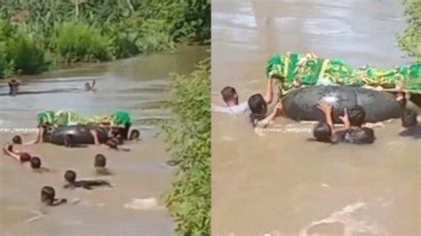 VIRAL Mirisnya Warga Berenang Seberangi Sungai Antar Jenazah Di Lampung