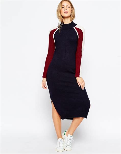 Image Of Asos Midi Dress In Knit With High Neck And Colourblocking