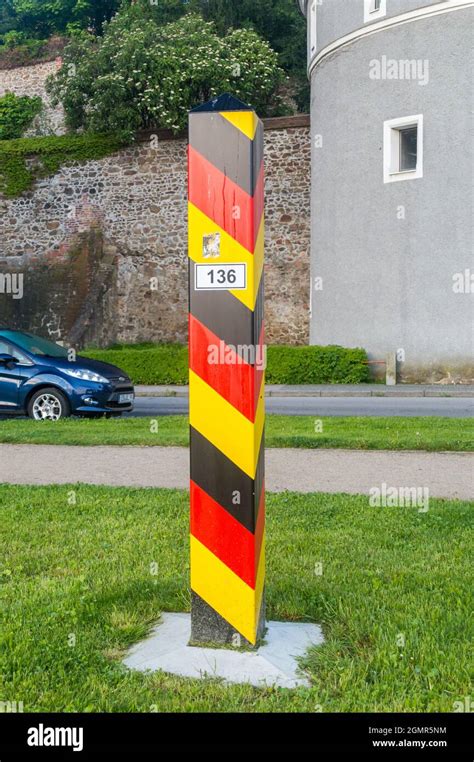 German territorial sign. Border post on the border between Germany and ...