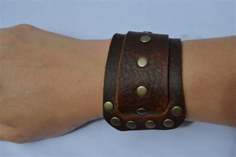 Brown Leather Wrap Cuff Bracelet With Bronze Rivets Etsy