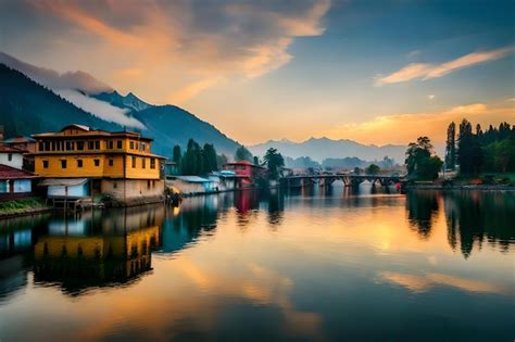 Premium Photo | A bridge over a river at sunset