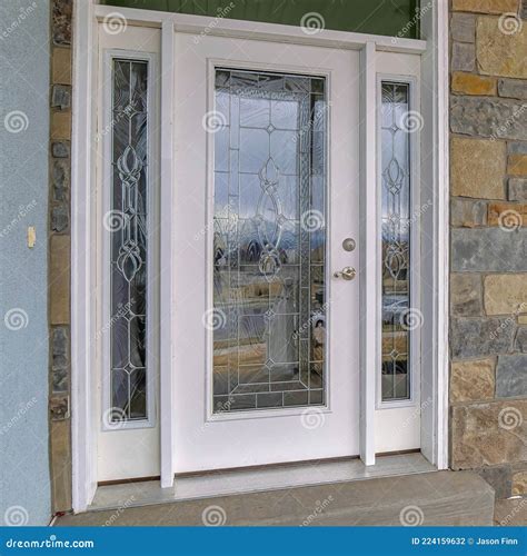 Square Beautiful Glass Front Door with Sidelights and Transom Window at