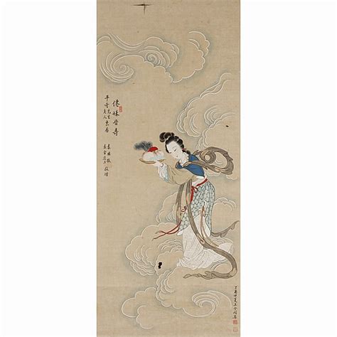 Lot Chinese Watercolor Scroll Painting On Paper Of A Female Daoist Deity